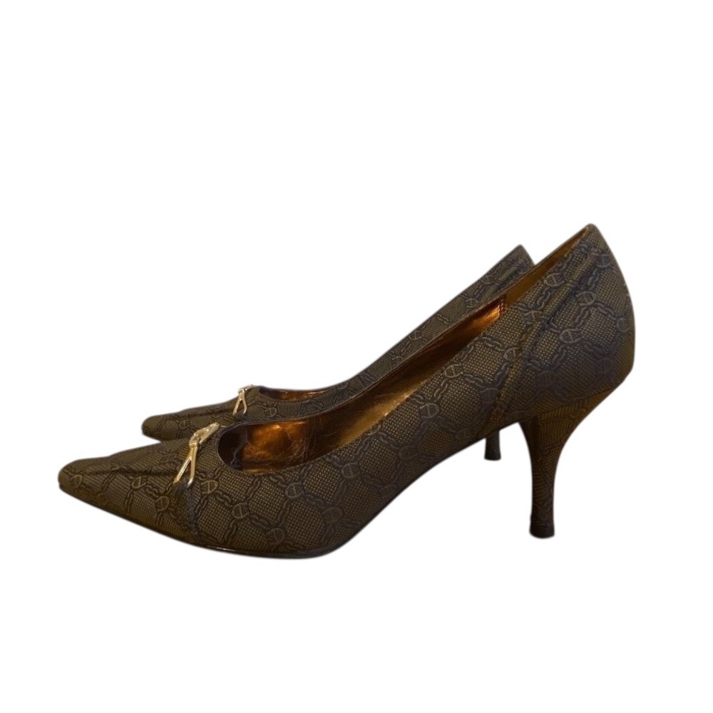 Etienne Aigner Brown Designer Patterned Kitten Heels tan brown gold bow Size 5.5